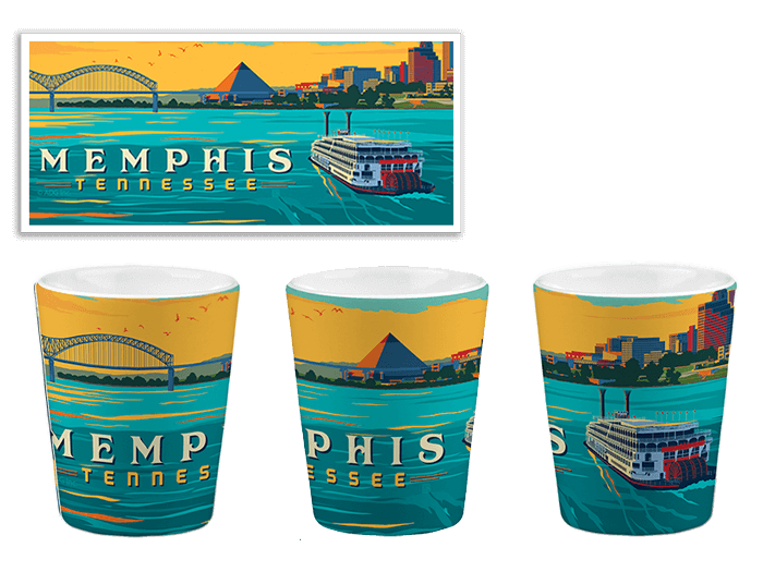 Spirit of Memphis River art and shot glasses